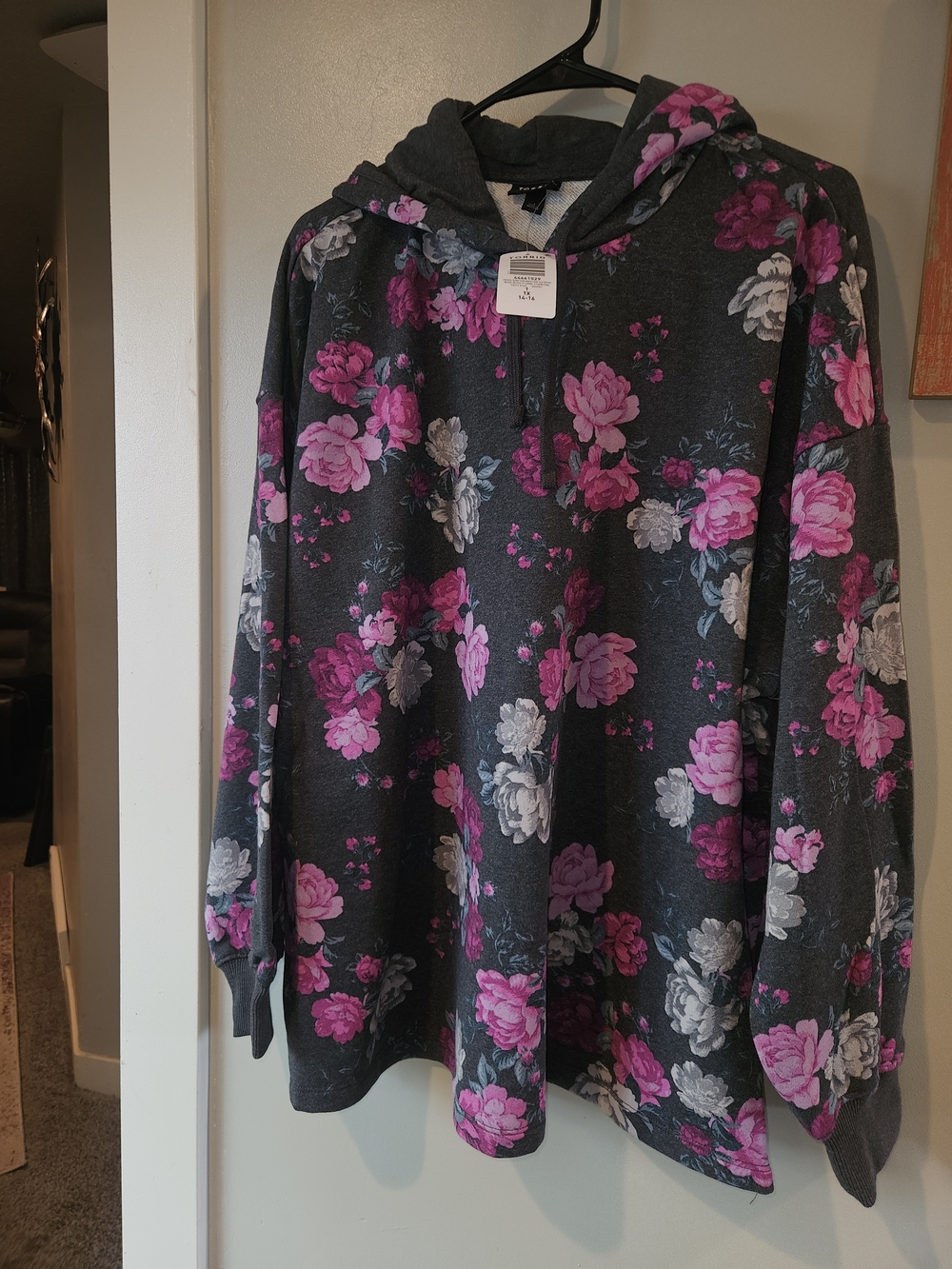 torrid Charcoal Floral Half-Zip Hoodie with Pink & White Roses